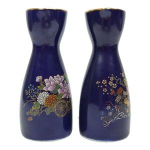 Vintage Japanese Cobalt Blue Sake Tea Bottles Floral 5.25" Flasks Made in Japan
